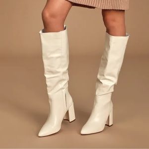LuLus Katari Off White Pointed-Toe Knee High Boots